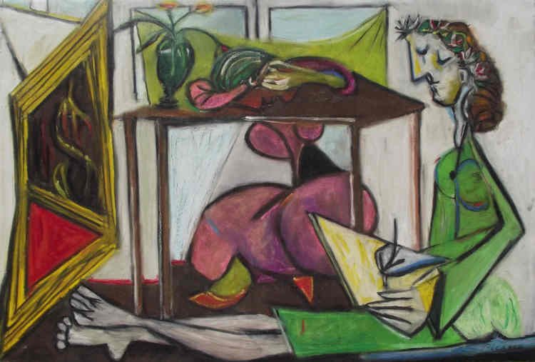 Interior With Young Girl Drawing After Picasso 24x36, Oil Pastel on canvas